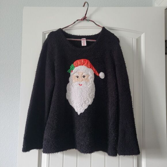 Holiday Time Fuzzy Santa with cap Black Sweater Women's Size LG sparkel xmas - Picture 1 of 8